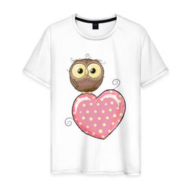 Мужская футболка хлопок с принтом Совёнок на сердце , 100% хлопок | прямой крой, круглый вырез горловины, длина до линии бедер, слегка спущенное плечо. | птицы