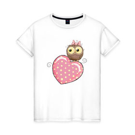 Женская футболка хлопок с принтом Совушка на сердце , 100% хлопок | прямой крой, круглый вырез горловины, длина до линии бедер, слегка спущенное плечо | птицы