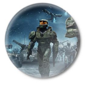 Значок с принтом Halo ,  металл | круглая форма, металлическая застежка в виде булавки | Тематика изображения на принте: halo | wars | автоматы | воители | доспехи | игры | техника фэнтези | трое 3 | фэнтези