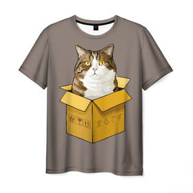 Мужская футболка 3D с принтом Maru , 100% полиэфир | прямой крой, круглый вырез горловины, длина до линии бедер | Тематика изображения на принте: cat | maru | коробка | кот в коробке | кот мару | котейка | кошка | мару | прикол