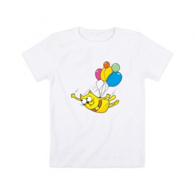 Детская футболка хлопок с принтом Кот на воздушных шарах , 100% хлопок | круглый вырез горловины, полуприлегающий силуэт, длина до линии бедер | 