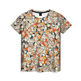 Женская футболка 3D с принтом Суши , 100% полиэфир ( синтетическое хлопкоподобное полотно) | прямой крой, круглый вырез горловины, длина до линии бедер | sushi | деликатес | закуска | куча | рис | роллы | ролы | рыба | фастфуд | япония