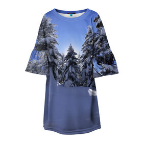 Детское платье 3D с принтом Зимний лес , 100% полиэстер | прямой силуэт, чуть расширенный к низу. Круглая горловина, на рукавах — воланы | времена года | ель | зима | леса | лучи света | природа | снег