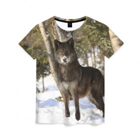 Женская футболка 3D с принтом Король леса , 100% полиэфир ( синтетическое хлопкоподобное полотно) | прямой крой, круглый вырез горловины, длина до линии бедер | Тематика изображения на принте: волки | животные | зима | зимние | картинки | снег | фото