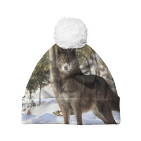 Шапка 3D c помпоном с принтом Король леса , 100% полиэстер | универсальный размер, печать по всей поверхности изделия | волки | животные | зима | зимние | картинки | снег | фото