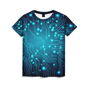 Женская футболка 3D с принтом SkyNet , 100% полиэфир ( синтетическое хлопкоподобное полотно) | прямой крой, круглый вырез горловины, длина до линии бедер | бирюзовый | кибер | микросхема | яркий