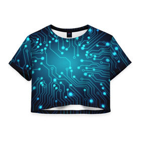 Женская футболка 3D укороченная с принтом SkyNet , 100% полиэстер | круглая горловина, длина футболки до линии талии, рукава с отворотами | бирюзовый | кибер | микросхема | яркий
