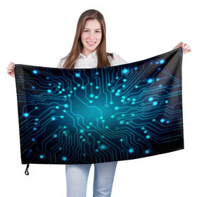 Флаг 3D с принтом SkyNet , 100% полиэстер | плотность ткани — 95 г/м2, размер — 67 х 109 см. Принт наносится с одной стороны | бирюзовый | кибер | микросхема | яркий