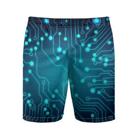 Мужские шорты 3D спортивные с принтом SkyNet ,  |  | бирюзовый | кибер | микросхема | яркий