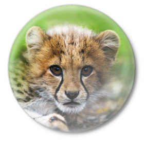 Значок с принтом Котёнок гепарда ,  металл | круглая форма, металлическая застежка в виде булавки | гепард | дикая кошка | котёнок | кошка | лев | природа | тигр | хищник | ягуар