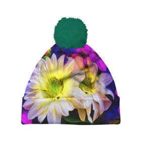 Шапка 3D c помпоном с принтом Райские цветы , 100% полиэстер | универсальный размер, печать по всей поверхности изделия | color | колорит | лепестки | цвет | цветок | цветочки | цветы