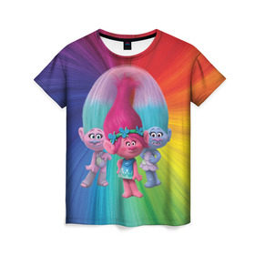 Женская футболка 3D с принтом Тролли , 100% полиэфир ( синтетическое хлопкоподобное полотно) | прямой крой, круглый вырез горловины, длина до линии бедер | Тематика изображения на принте: princess poppy | troll poppy | troll satin and chenille | trolls | розочка | сатинка и синелька | тролли | цветан