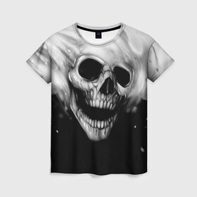 Женская футболка 3D с принтом Череп , 100% полиэфир ( синтетическое хлопкоподобное полотно) | прямой крой, круглый вырез горловины, длина до линии бедер | black and white | fire | skull | монстр | огонь | привидение | череп | чёрно белый