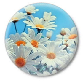 Значок с принтом Ромашки ,  металл | круглая форма, металлическая застежка в виде булавки | Тематика изображения на принте: flower | цветы