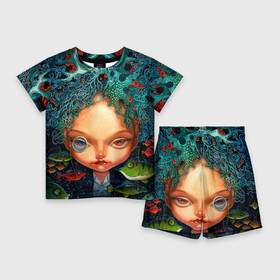 Детский костюм с шортами 3D с принтом Fantasy art ,  |  | art | bright | bubbles | color | colors | face | fish | girl | painting | pattern | patterns | water | вода | девушка | искусство | картина | краски | лицо | орнамент | пузыри | рыбы | творчество | узоры | цвет | яркие