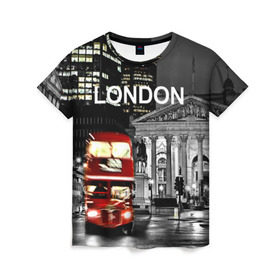 Женская футболка 3D с принтом Улицы Лондона , 100% полиэфир ( синтетическое хлопкоподобное полотно) | прямой крой, круглый вырез горловины, длина до линии бедер | bus | city | england | evening | lights | london | night | street | two storey | united kingdom | автобус | англия | великобритания | вечер | город | двухэтажный | лондон | ночь | огни | улица