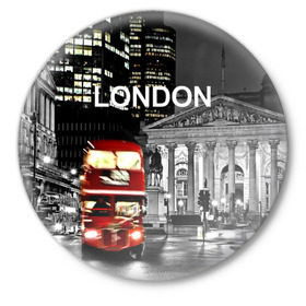 Значок с принтом Улицы Лондона ,  металл | круглая форма, металлическая застежка в виде булавки | bus | city | england | evening | lights | london | night | street | two storey | united kingdom | автобус | англия | великобритания | вечер | город | двухэтажный | лондон | ночь | огни | улица