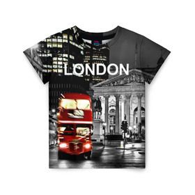 Детская футболка 3D с принтом Улицы Лондона , 100% гипоаллергенный полиэфир | прямой крой, круглый вырез горловины, длина до линии бедер, чуть спущенное плечо, ткань немного тянется | Тематика изображения на принте: bus | city | england | evening | lights | london | night | street | two storey | united kingdom | автобус | англия | великобритания | вечер | город | двухэтажный | лондон | ночь | огни | улица