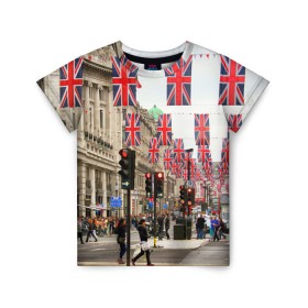 Детская футболка 3D с принтом Улицы Лондона , 100% гипоаллергенный полиэфир | прямой крой, круглый вырез горловины, длина до линии бедер, чуть спущенное плечо, ткань немного тянется | Тематика изображения на принте: city | england | flags | london | moving | pedestrians | people | street | traffic lights | united kingdom | англия | великобритания | город | лондон | люди | переход | пешеходы | светофоры | улица | флаги