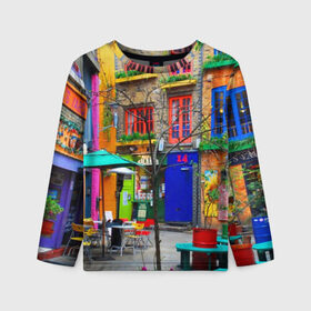 Детский лонгслив 3D с принтом Улицы Лондона , 100% полиэстер | длинные рукава, круглый вырез горловины, полуприлегающий силуэт
 | bright | city | color | courtyard | england | london | paint | street | united kingdom | англия | великобритания | город | дворик | краски | лондон | улица | цвет | яркие