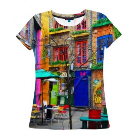 Женская футболка 3D с принтом Улицы Лондона , 100% полиэфир ( синтетическое хлопкоподобное полотно) | прямой крой, круглый вырез горловины, длина до линии бедер | bright | city | color | courtyard | england | london | paint | street | united kingdom | англия | великобритания | город | дворик | краски | лондон | улица | цвет | яркие