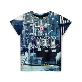 Детская футболка 3D с принтом Улицы Лондона , 100% гипоаллергенный полиэфир | прямой крой, круглый вырез горловины, длина до линии бедер, чуть спущенное плечо, ткань немного тянется | Тематика изображения на принте: city | england | flag | heart | i | london | love | street | united kingdom | англия | великобритания | город | лондон | люблю | сердце | улица | флаг | я