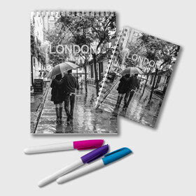 Блокнот с принтом Улицы Лондона , 100% бумага | 48 листов, плотность листов — 60 г/м2, плотность картонной обложки — 250 г/м2. Листы скреплены удобной пружинной спиралью. Цвет линий — светло-серый
 | англия | бульвар | великобритания | влюбленные | дождь | зонтик | лондон | улица