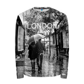 Мужской лонгслив 3D с принтом Улицы Лондона , 100% полиэстер | длинные рукава, круглый вырез горловины, полуприлегающий силуэт | Тематика изображения на принте: англия | бульвар | великобритания | влюбленные | дождь | зонтик | лондон | улица