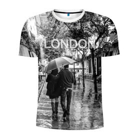 Мужская футболка 3D спортивная с принтом Улицы Лондона , 100% полиэстер с улучшенными характеристиками | приталенный силуэт, круглая горловина, широкие плечи, сужается к линии бедра | Тематика изображения на принте: англия | бульвар | великобритания | влюбленные | дождь | зонтик | лондон | улица