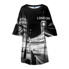Детское платье 3D с принтом Улицы Лондона , 100% полиэстер | прямой силуэт, чуть расширенный к низу. Круглая горловина, на рукавах — воланы | Тематика изображения на принте: england | lights | london | night | street | united kingdom | англия | великобритания | лондон | ночь | огни | улица