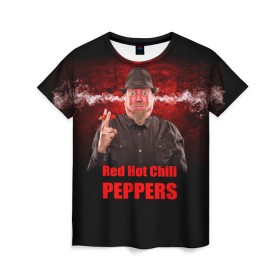 Женская футболка 3D с принтом Red Hot Chili Peppers , 100% полиэфир ( синтетическое хлопкоподобное полотно) | прямой крой, круглый вырез горловины, длина до линии бедер | звезда | красный | кумир | музыка | перец | рок | рок группа | хит
