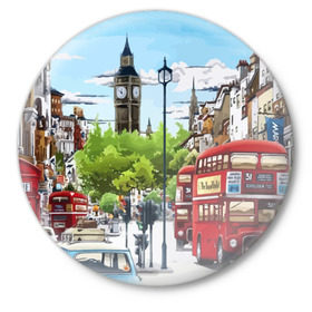 Значок с принтом Улицы Лондона ,  металл | круглая форма, металлическая застежка в виде булавки | city | england | london | united kingdom | англия | великобритания | город | лондон