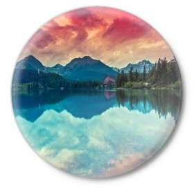 Значок с принтом Горное озеро ,  металл | круглая форма, металлическая застежка в виде булавки | Тематика изображения на принте: пейзаж