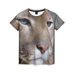Женская футболка 3D с принтом Пума , 100% полиэфир ( синтетическое хлопкоподобное полотно) | прямой крой, круглый вырез горловины, длина до линии бедер | животные | кис | киска | кот | котенок | котик | кошечка | кошка | львиц | пантера | пума | рысь | хищник