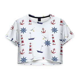 Женская футболка 3D укороченная с принтом Речник , 100% полиэстер | круглая горловина, длина футболки до линии талии, рукава с отворотами | вода | маяк | море | флот | якорь