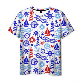 Мужская футболка 3D с принтом Речник , 100% полиэфир | прямой крой, круглый вырез горловины, длина до линии бедер | вода | канат | компас | круг | маяк | море | парус | спасатель | узел | якорь