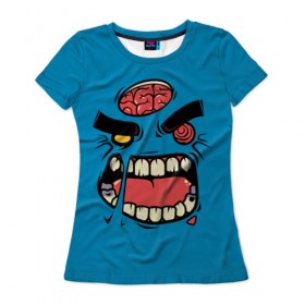 Женская футболка 3D с принтом Angry Zombie , 100% полиэфир ( синтетическое хлопкоподобное полотно) | прямой крой, круглый вырез горловины, длина до линии бедер | brain | evil | face | halloween | monster | smile | zombie | зомби | лицо | мозг | монстр | нечисть | смайл | хэллоуин