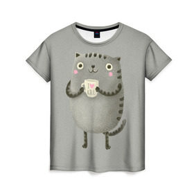 Женская футболка 3D с принтом Cat Love Kill , 100% полиэфир ( синтетическое хлопкоподобное полотно) | прямой крой, круглый вырез горловины, длина до линии бедер | animal | beast | cat | feline | kill | kitty | love | meow | взгляд | животное | зверь | кот | котенок | котик | кофе | кошка | любовь | мяу | чай