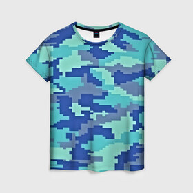 Женская футболка 3D с принтом Камуфляж , 100% полиэфир ( синтетическое хлопкоподобное полотно) | прямой крой, круглый вырез горловины, длина до линии бедер | пиксельный | синий
