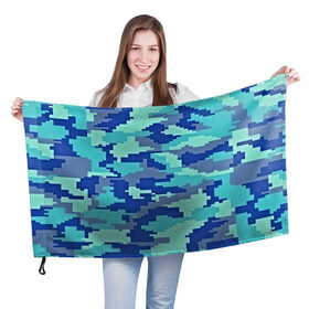Флаг 3D с принтом Камуфляж , 100% полиэстер | плотность ткани — 95 г/м2, размер — 67 х 109 см. Принт наносится с одной стороны | пиксельный | синий