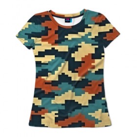 Женская футболка 3D с принтом Цветной камуфляж , 100% полиэфир ( синтетическое хлопкоподобное полотно) | прямой крой, круглый вырез горловины, длина до линии бедер | пиксельный