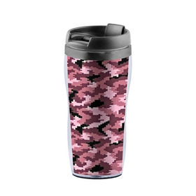 Термокружка-непроливайка с принтом Розовый камуфляж , внутренняя часть — пищевой пластик, наружная часть — прозрачный пластик, между ними — полиграфическая вставка с рисунком | объем — 350 мл, герметичная крышка | пиксельный