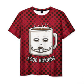 Мужская футболка 3D с принтом Good Morning , 100% полиэфир | прямой крой, круглый вырез горловины, длина до линии бедер | Тематика изображения на принте: coffee | кофе | кружка | утро | чашка