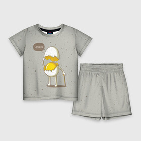 Детский костюм с шортами 3D с принтом Яйцо приветствует ,  |  | Тематика изображения на принте: cook | eat | egg | food | funny | hello | smile | еда | кухня | повар | привет | прикол | смайл | улыбка | яйцо