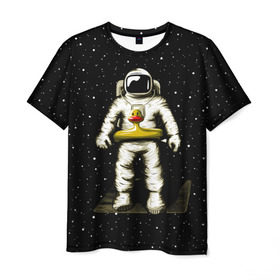 Мужская футболка 3D с принтом Космонавт с уточкой , 100% полиэфир | прямой крой, круглый вырез горловины, длина до линии бедер | Тематика изображения на принте: астронавт | ванна | галактика | звезды | космонавт | планета | утка | уточка