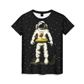 Женская футболка 3D с принтом Космонавт с уточкой , 100% полиэфир ( синтетическое хлопкоподобное полотно) | прямой крой, круглый вырез горловины, длина до линии бедер | астронавт | ванна | галактика | звезды | космонавт | планета | утка | уточка