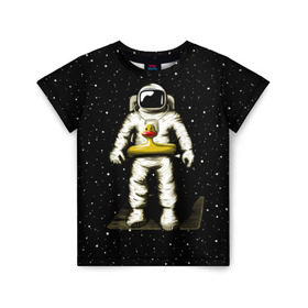 Детская футболка 3D с принтом Космонавт с уточкой , 100% гипоаллергенный полиэфир | прямой крой, круглый вырез горловины, длина до линии бедер, чуть спущенное плечо, ткань немного тянется | Тематика изображения на принте: астронавт | ванна | галактика | звезды | космонавт | планета | утка | уточка