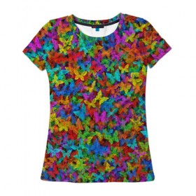 Женская футболка 3D с принтом Разноцветные бабочки , 100% полиэфир ( синтетическое хлопкоподобное полотно) | прямой крой, круглый вырез горловины, длина до линии бедер | насекомые | паттерн | пестрый | радуга | разноцветный | яркий