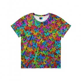 Детская футболка 3D с принтом Разноцветные бабочки , 100% гипоаллергенный полиэфир | прямой крой, круглый вырез горловины, длина до линии бедер, чуть спущенное плечо, ткань немного тянется | насекомые | паттерн | пестрый | радуга | разноцветный | яркий
