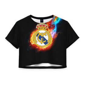 Женская футболка 3D укороченная с принтом Real Madrid , 100% полиэстер | круглая горловина, длина футболки до линии талии, рукава с отворотами | 